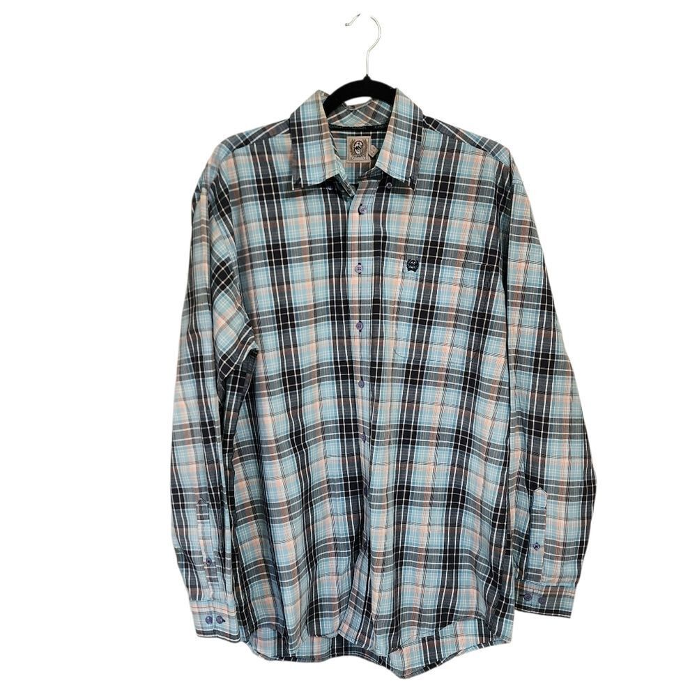 Cinch Mens Button Up Shirt M Blue Plaid Western Cowboy